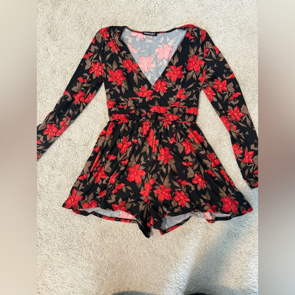 Black and Red Floral Long Sleeve Romper